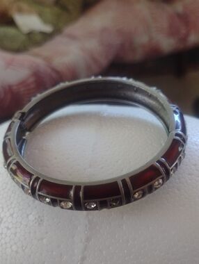 Elegant Red Enamel and Crystal Hinged Bangle Bracelet